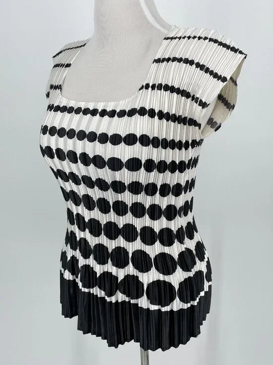 Vintage Black White Polka Dot Plisse Pleated Top Cap Sleeve Mod Op-Art - Picture 4 of 8